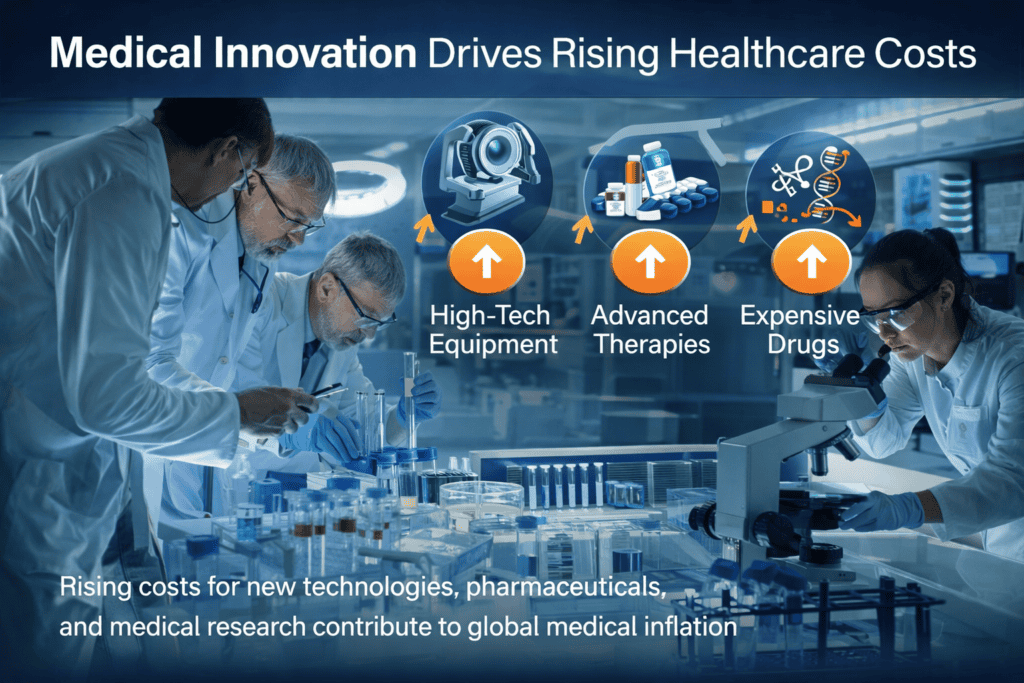 Medical innovation driving rising healthcare costs with advanced technology, expensive drugs and research contributing to international health insurance inflation