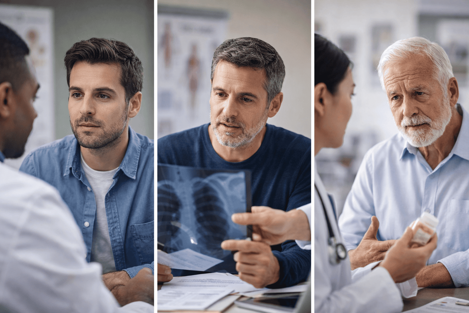 Man aging from young adult to senior discussing health risks with doctors over time